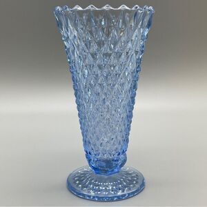 Vintage Indiana Glass Diamond Point Blue 1960’s Vase 8" footed vase